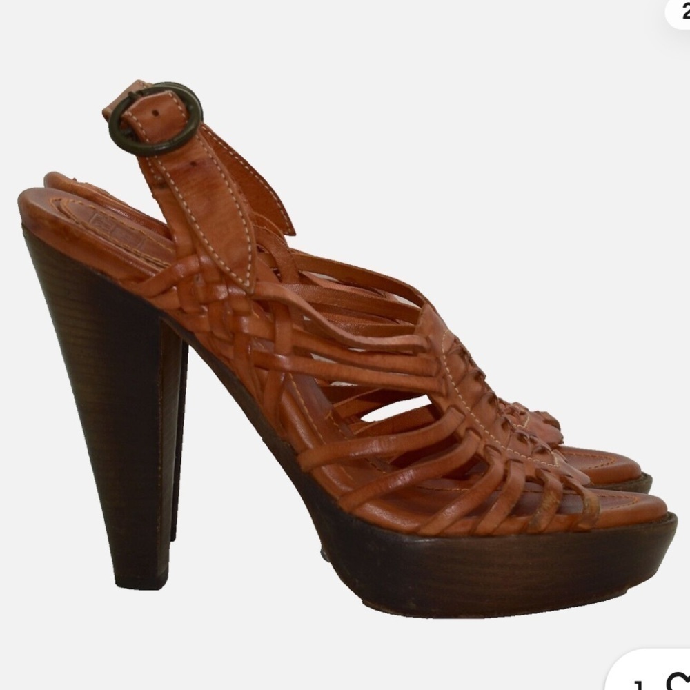 FRYE Joy Huarache Brown Leather Caged Slingback Heels Sandals size 7